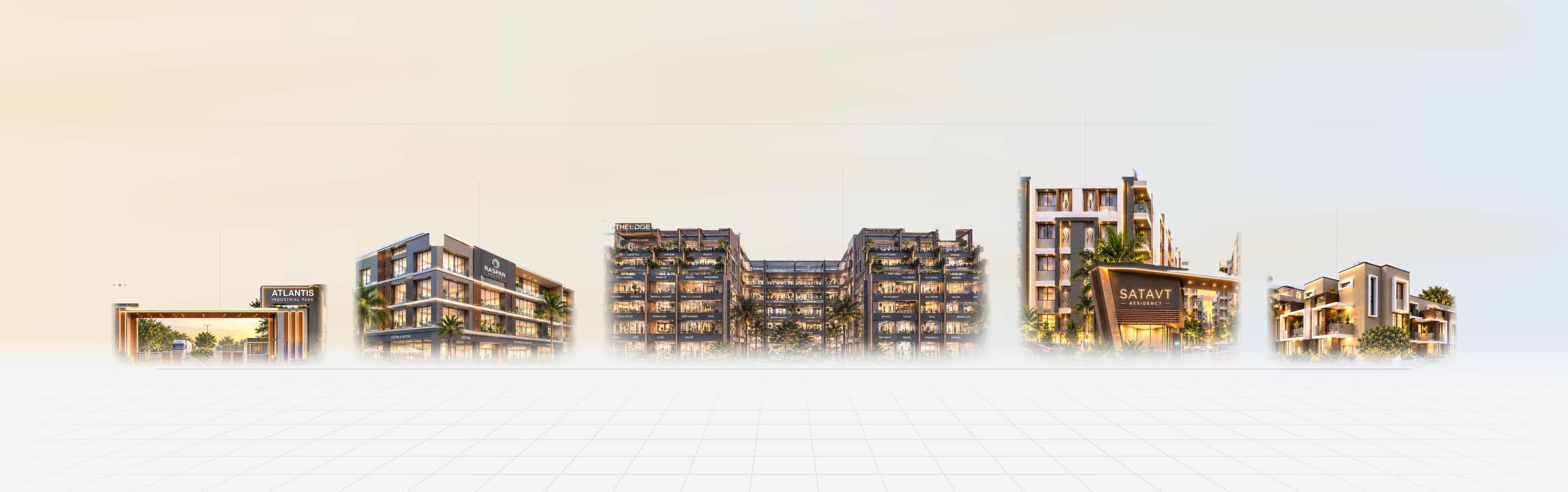 Skyline of Atlantis Group projects: Atlantis Industrial Park, Raspan Arcade, The Edge, Satvat Residency and Shaligram Homes