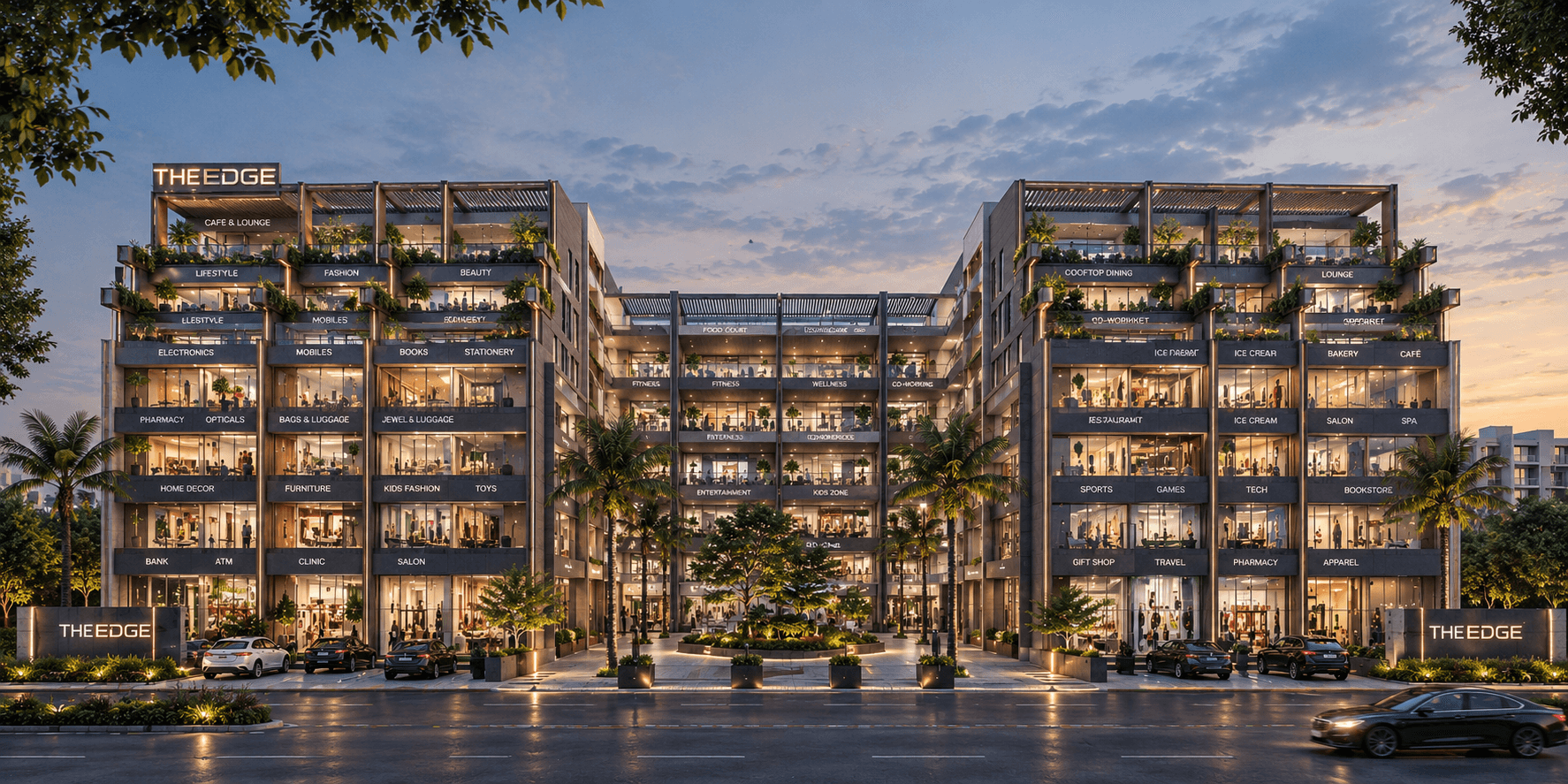 The Edge by Atlantis Group, full frontage at dusk